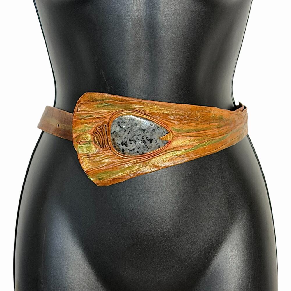 Vtg 80s Artisan Handmade Leather Belt Hand Painted Asymmetric Wide Cabochon S M